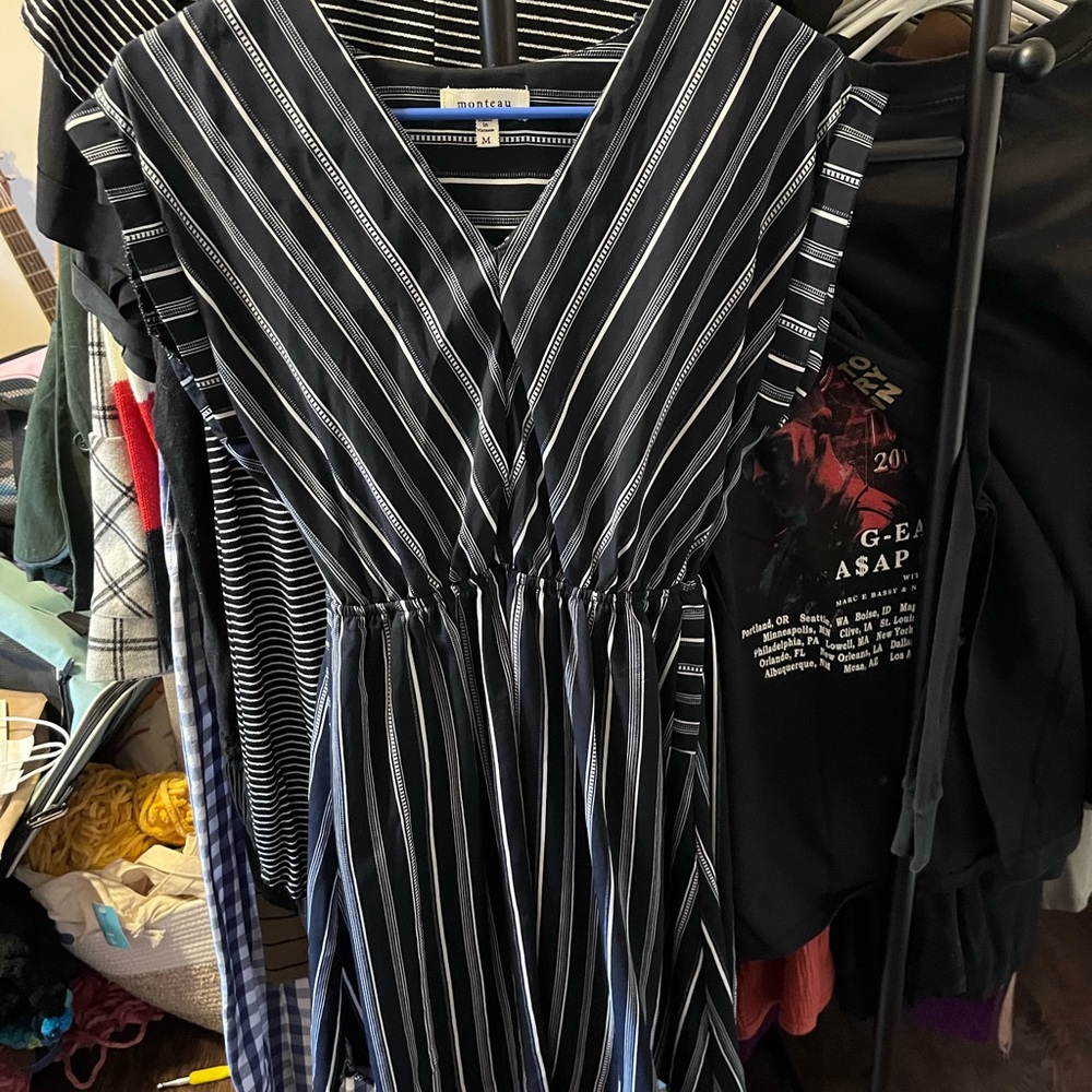 Monteau Black and White Striped V-Neck Top
